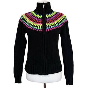 LRL Ralph Lauren Active Cardigan Sweater Jacket Black Neon Fair Isle Full Zip S